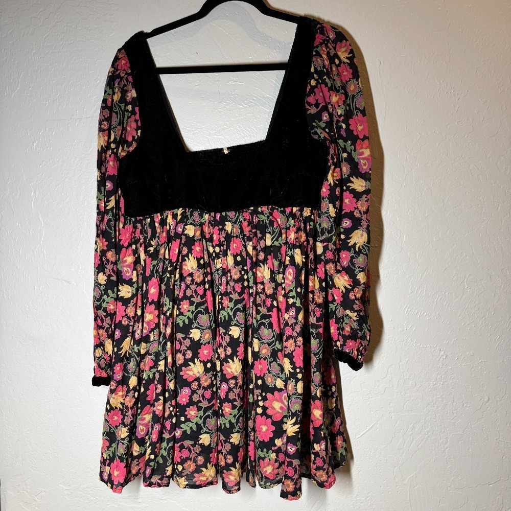 Free People Mini Dress Floral‎ Velvet Trim Babydoll Black L NWT black combo